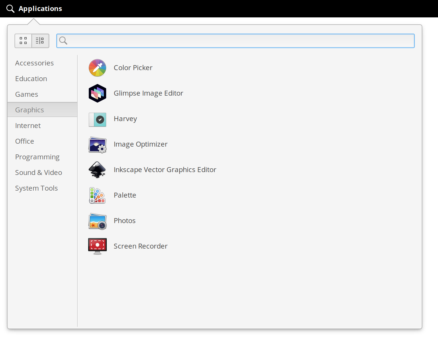 Redesigned applications menu category view