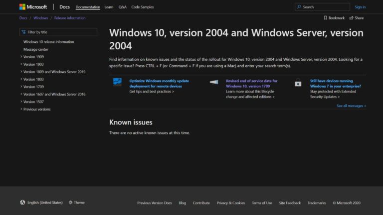 Windows 10 May 2020 Update Support page