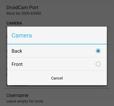 Choose camera on DroidCam
