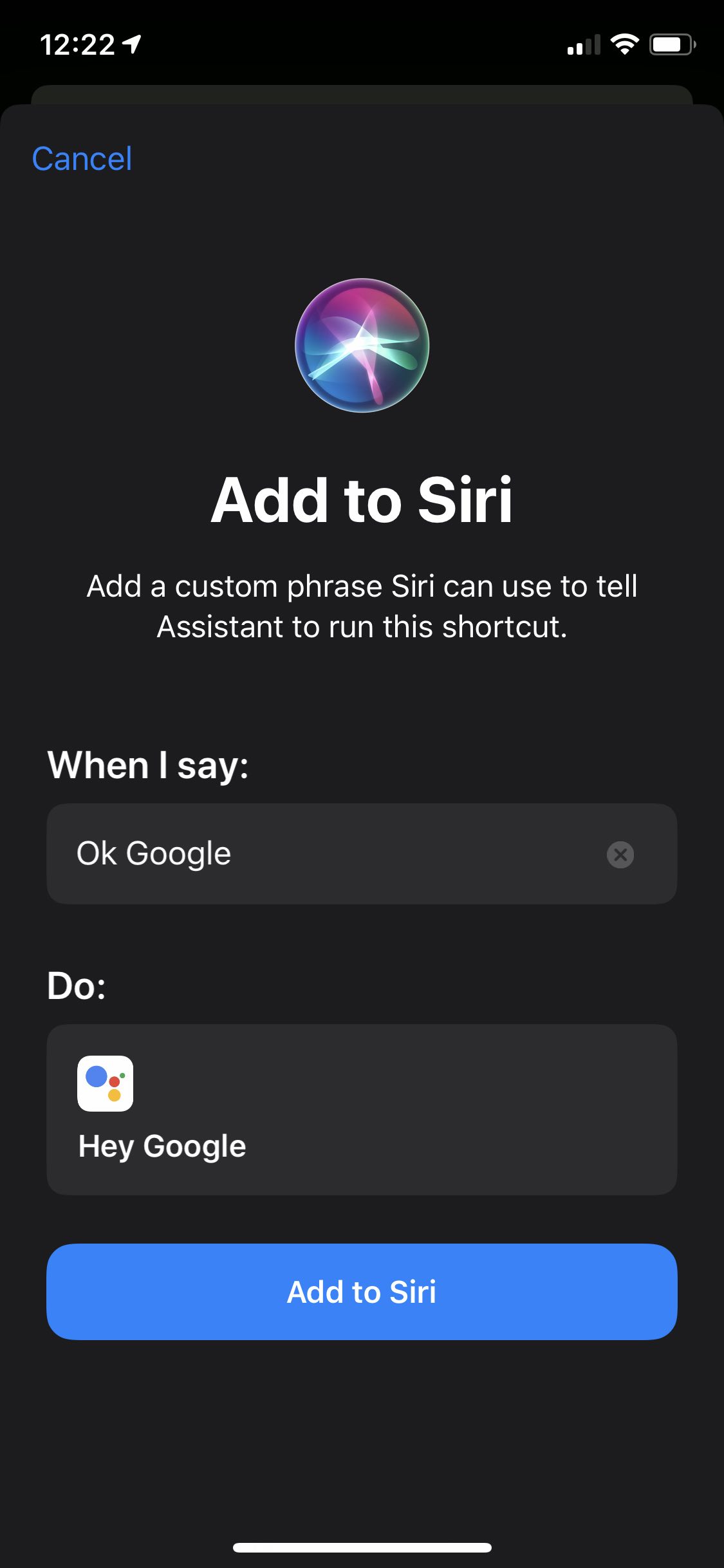 Google Assistant shortcut iPhone