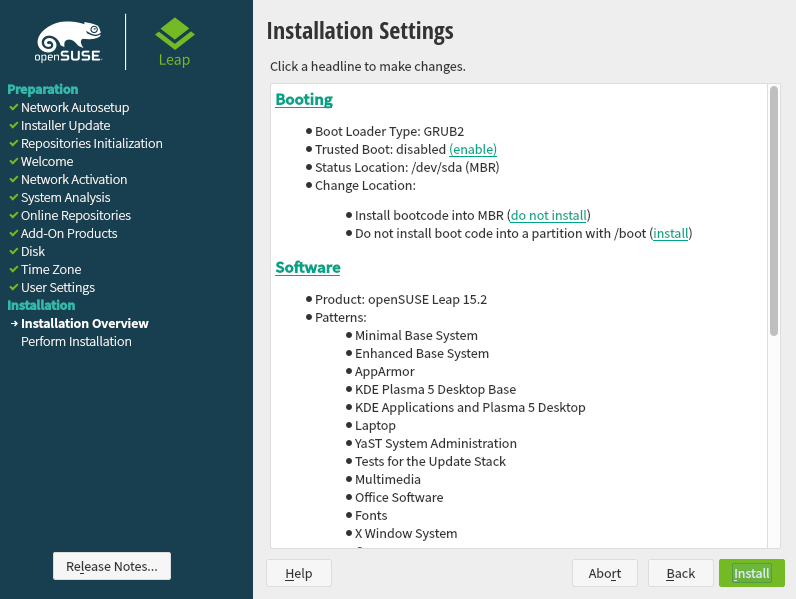 Visão geral da instalação do openSUSE Leap 15.2