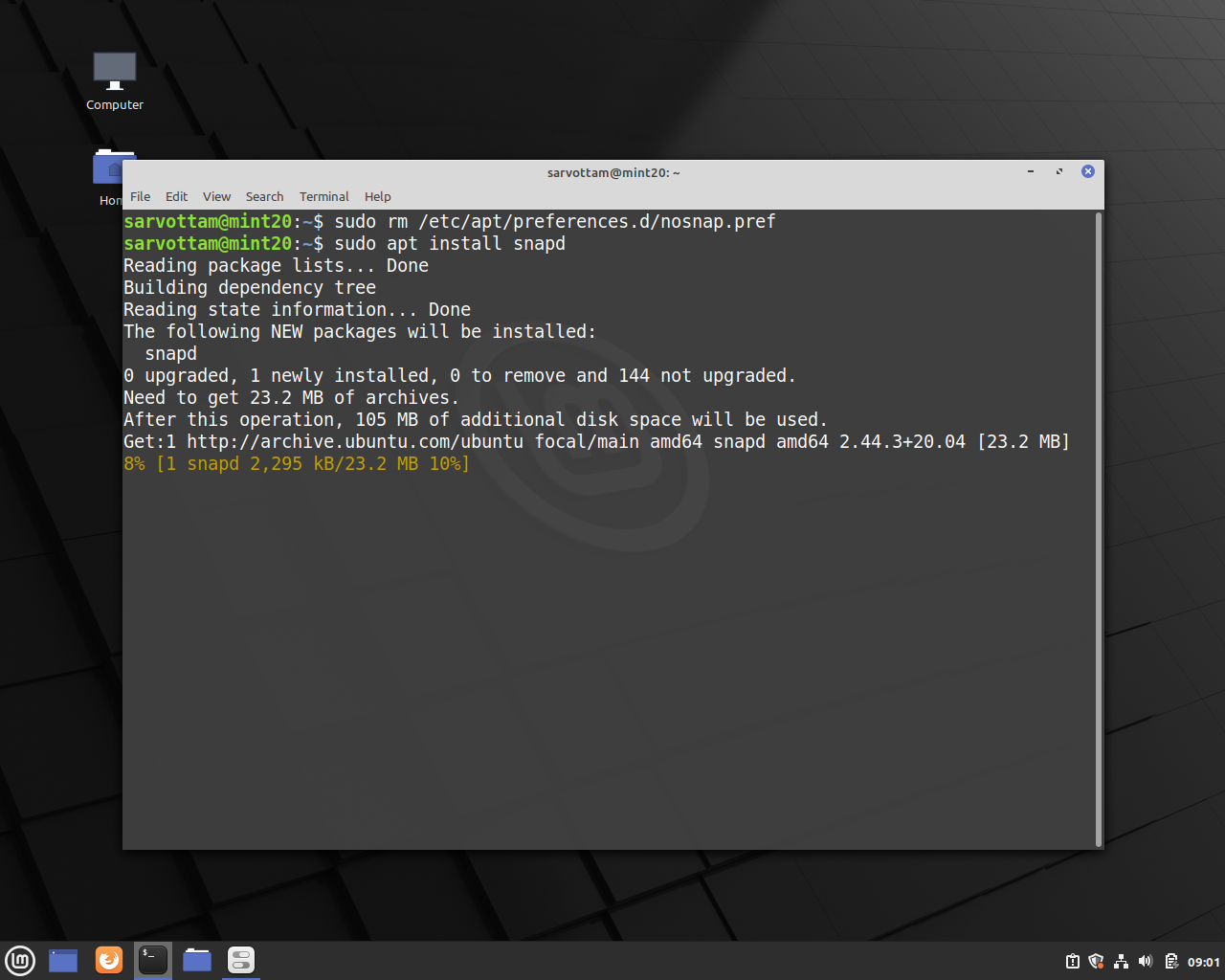 Linux Mint 20 — installing snapd