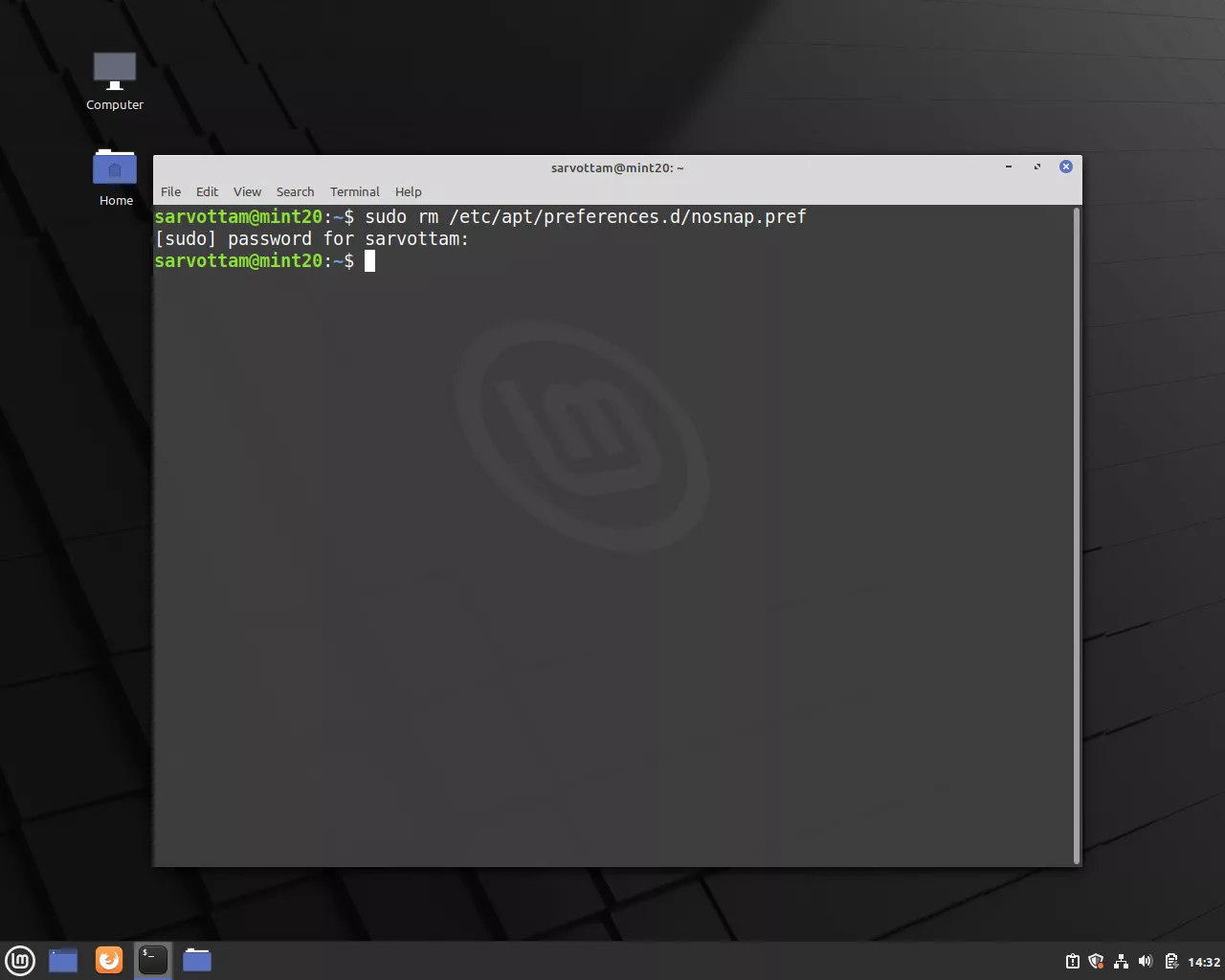 Linux Mint 20 — remove nosnap.pref file