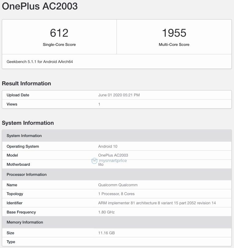 OnePlus Z geekbench listing