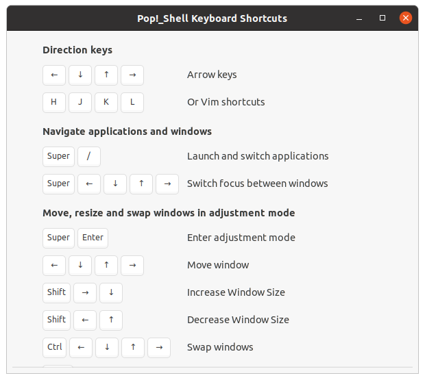 Pop Shell Keyboard Shortcuts Info