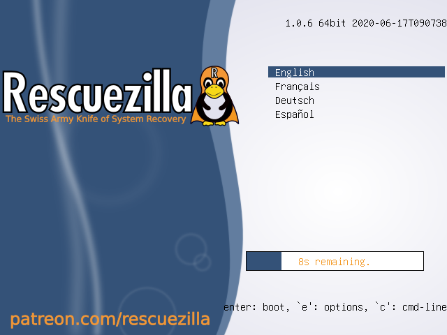 Rescuezilla 1.0.6 menu de inicialização de 64 bits