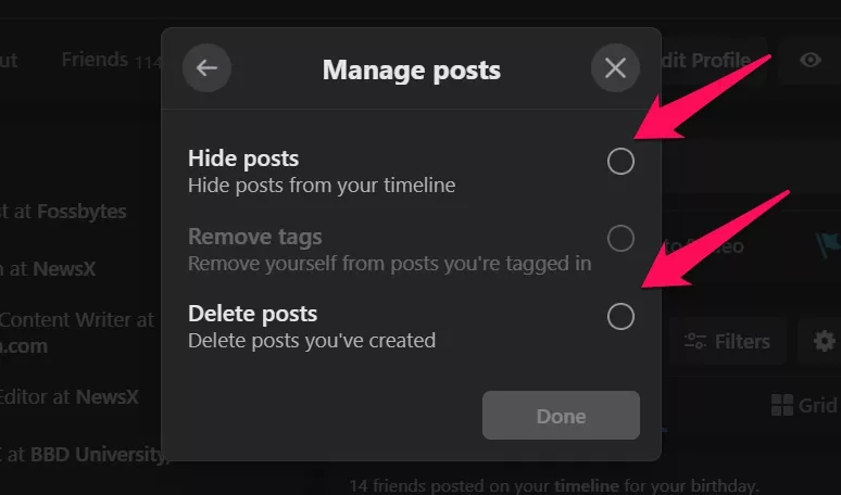 facebook delete posts option