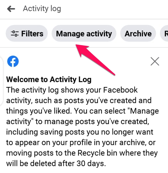 facebook manage activity button
