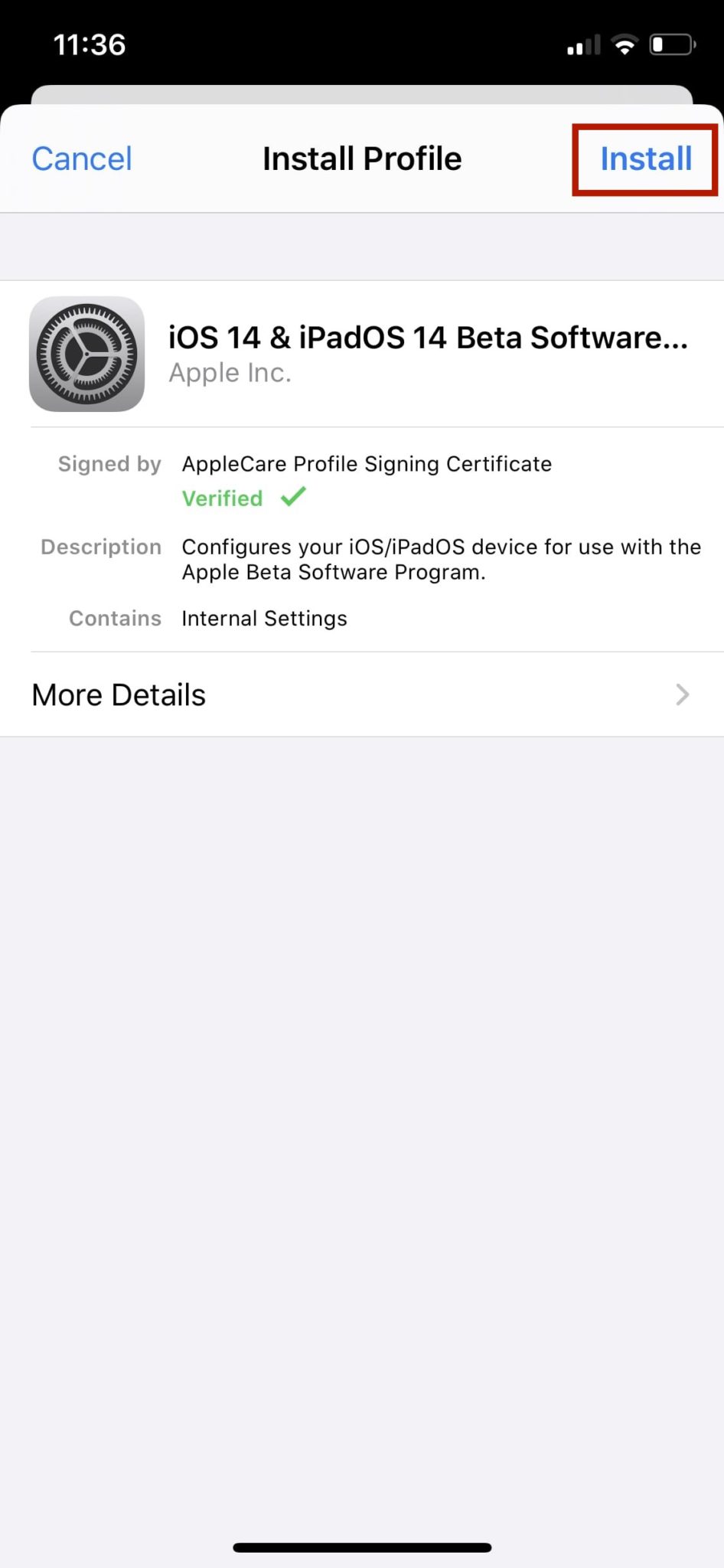 Install iOS 14 public beta profile