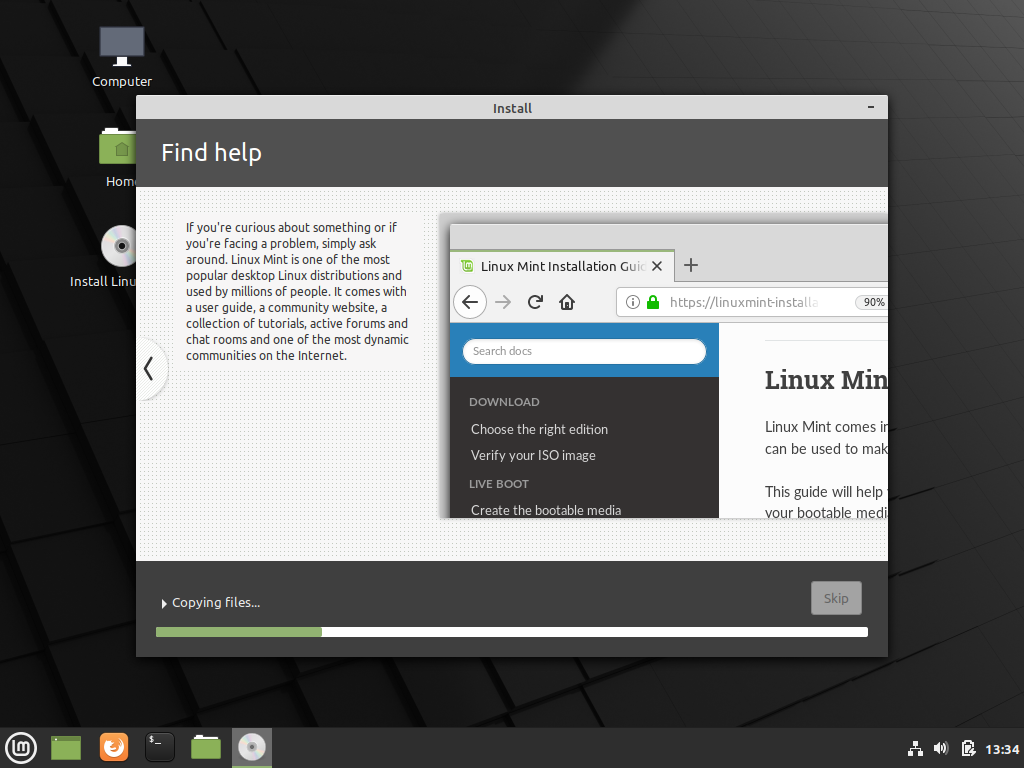 Linux Mint 20 installation starts