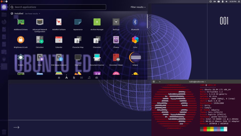 UbuntuEd 20.04 com o Unity Desktop com vários aplicativos