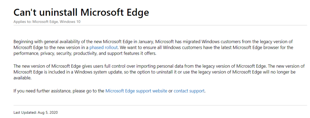Microsoft Edge Support Page