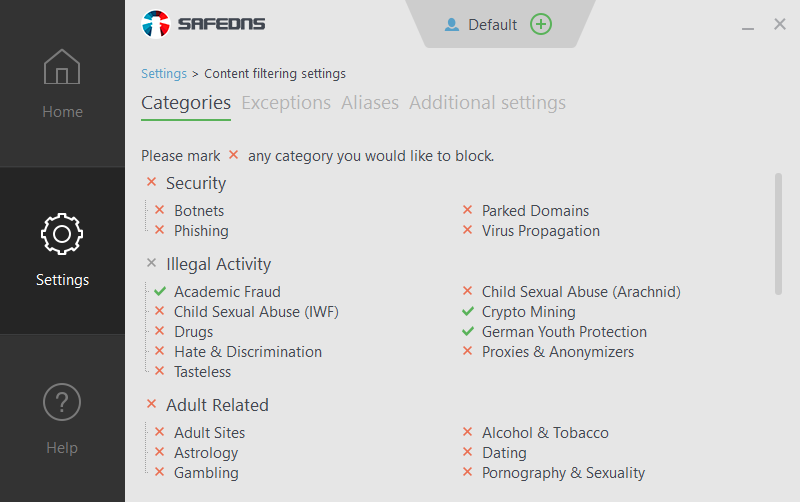 SafeDNS 3 Block Categories