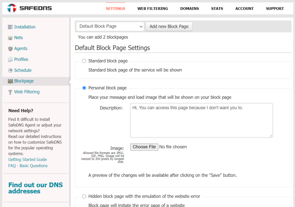 SafeDNS 8 Blockpage custom