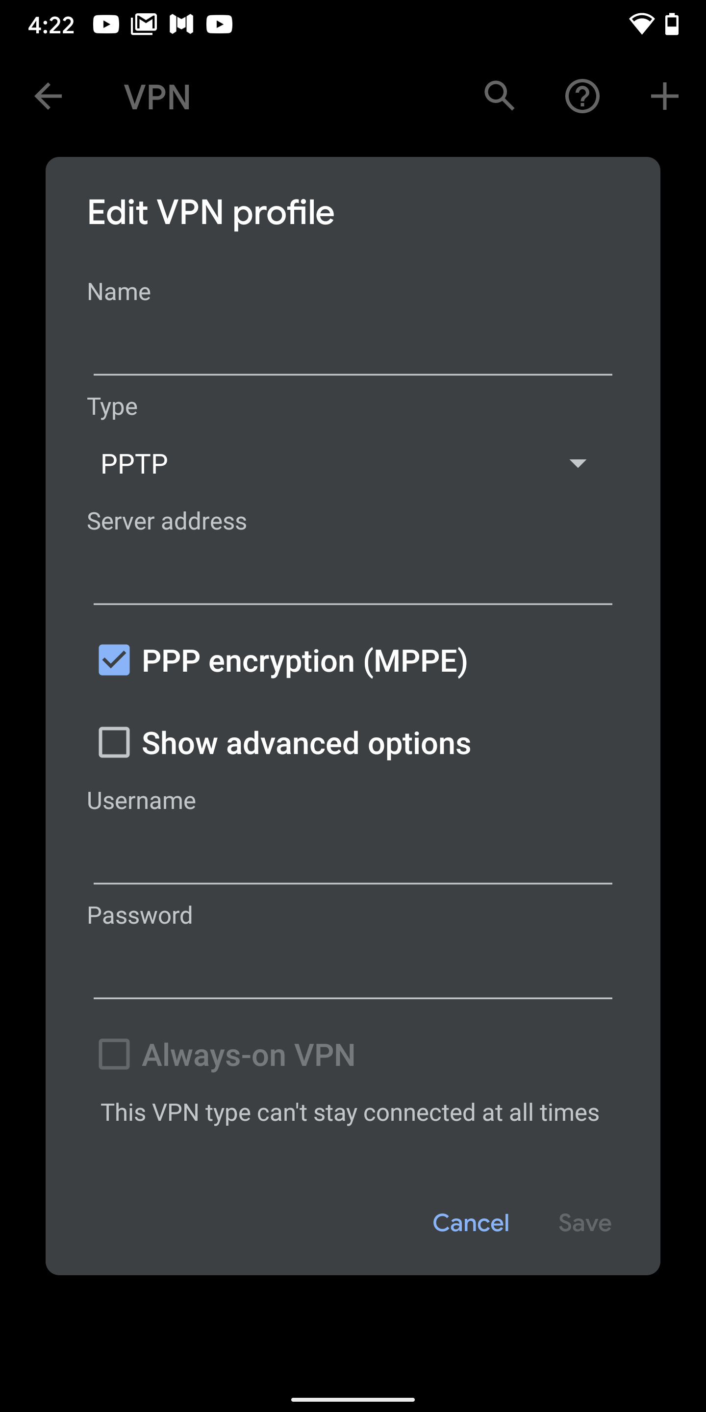 VPN on Android Setup Screen