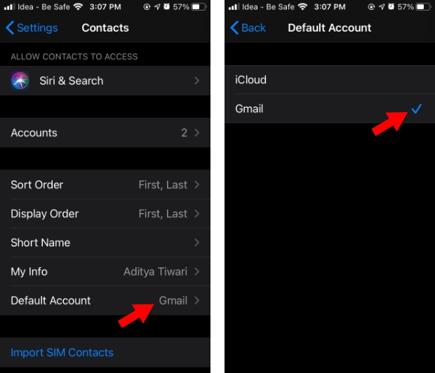 iPhone Contacts Default Gmail