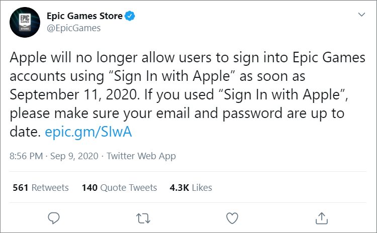 Epic Games to lose Apple ID sign on for accounts