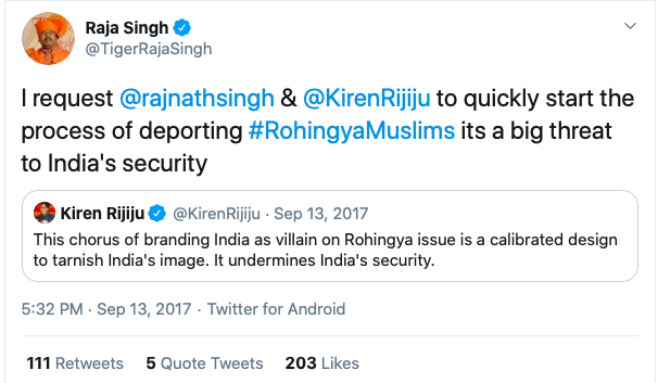 T Raja Singh made another controversial tweet about Rohingya's