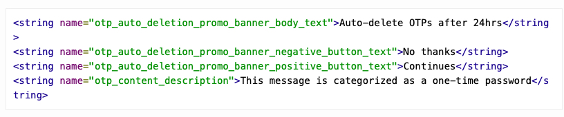The String shows Google Messages able to delete OTPs after 24 hours
