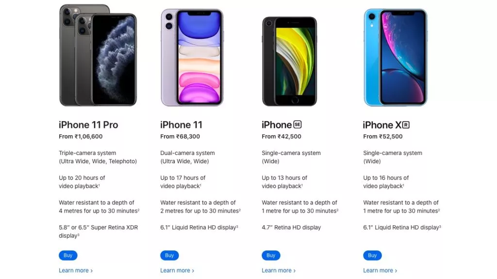 The latest iPhone lineup available on the Apple Store online in India