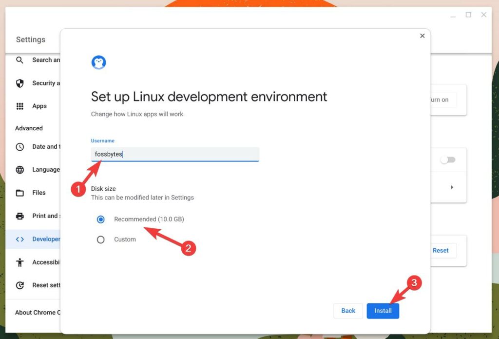 Enter username and click on install - Install linux on chromebook