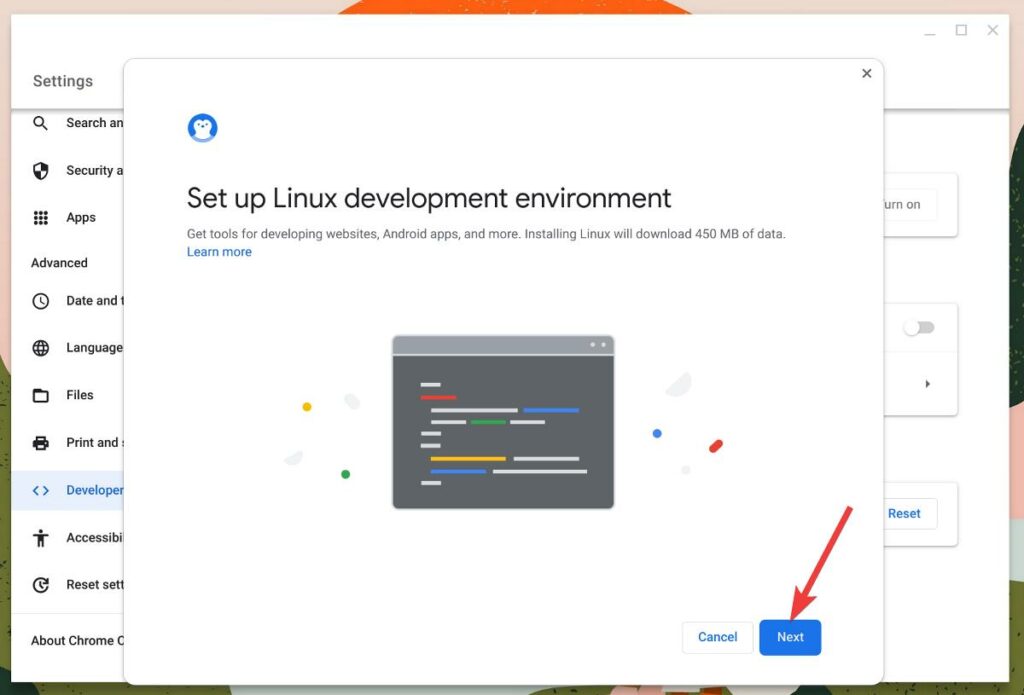 Set up linux development environment click on next