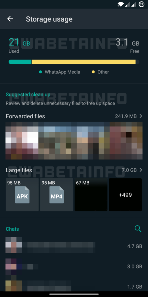 WhatsApp Storage Usage UI for Android. Screenshot by Wabetainfo