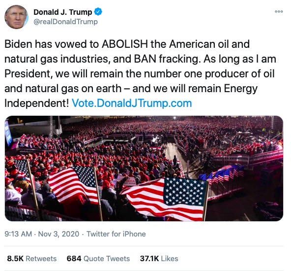 Screenshot of Pres. Trump's claim that Biden would abolish American oil