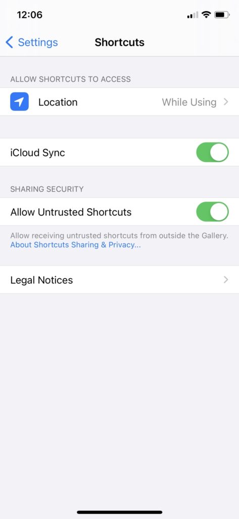 Allow untrusted shortcuts app