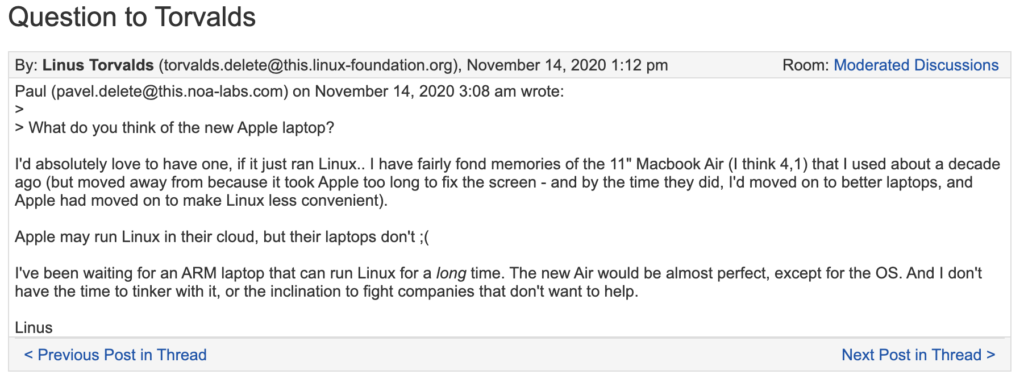 Linus Torvalds Thought on new Apple Laptop