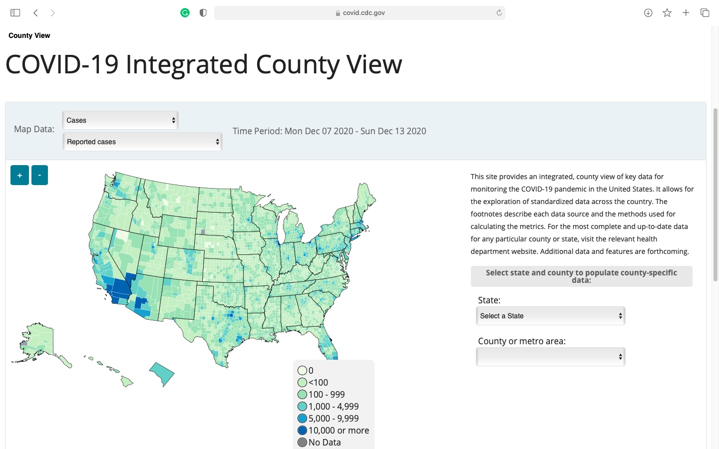Screenshot of CDC COVID data tracker