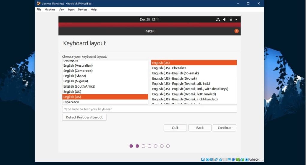 install Ubuntu virtualbox select keyboard layout and language