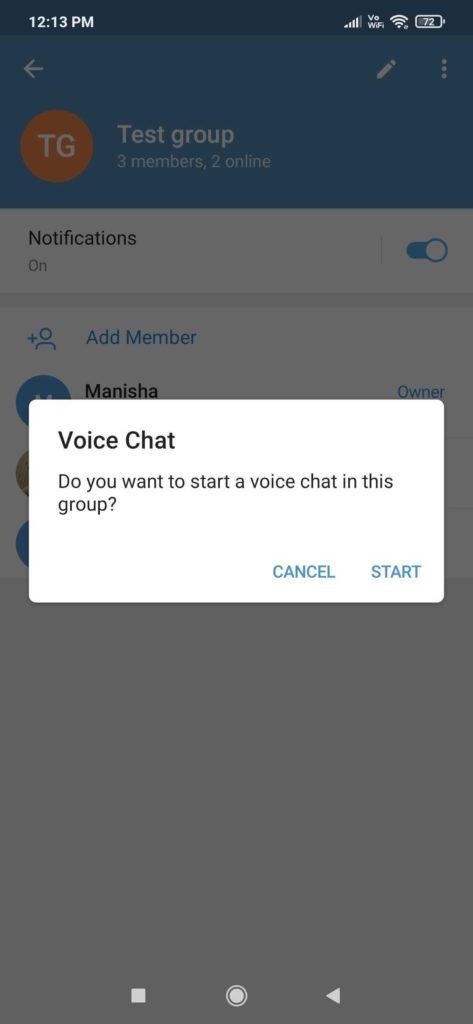 start group call telegram popup