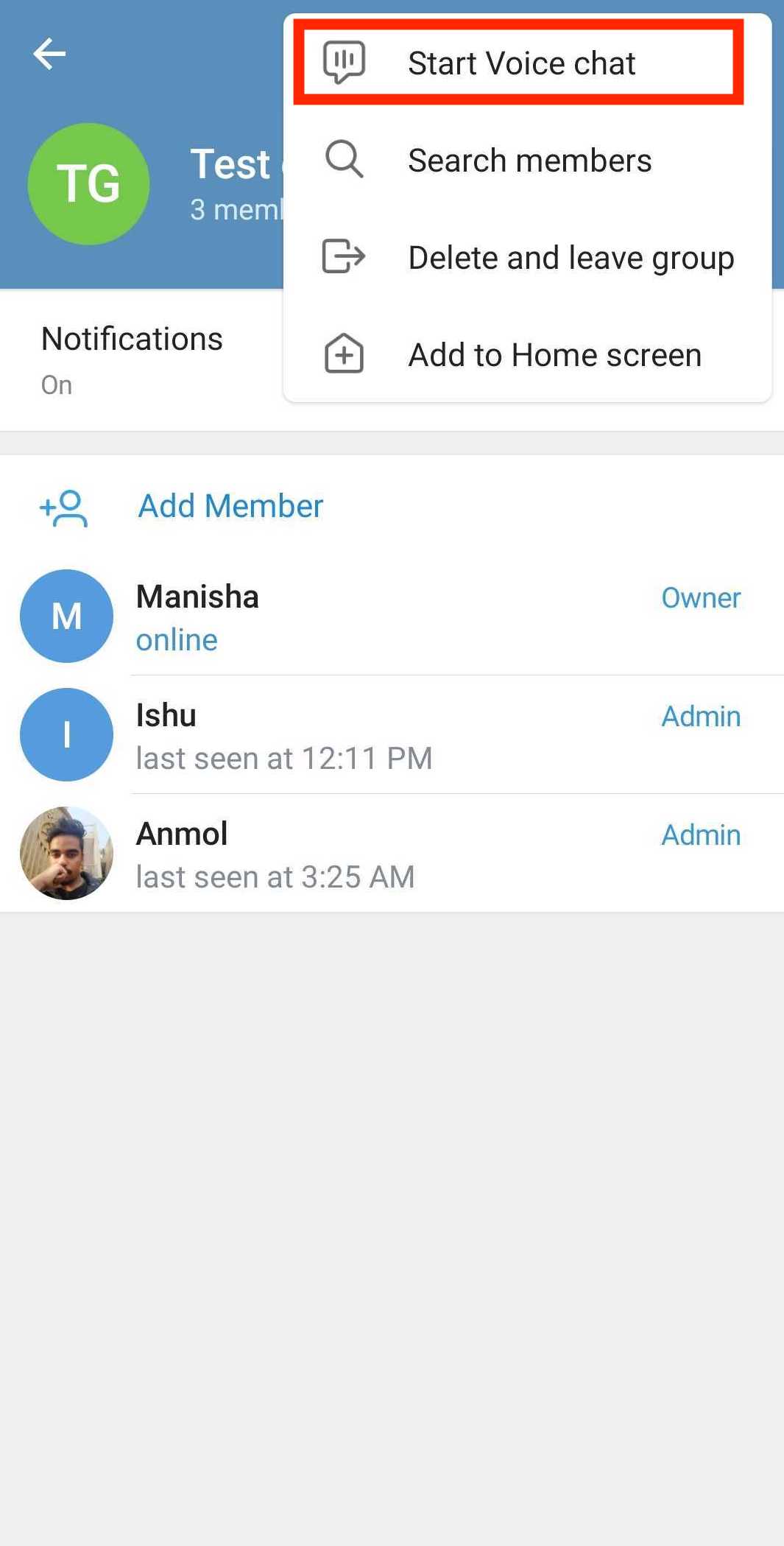 запустить групповой голосовой вызов в Telegram на Android