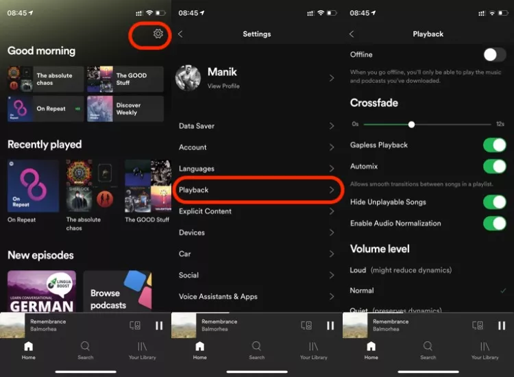 Playback settings Spotify