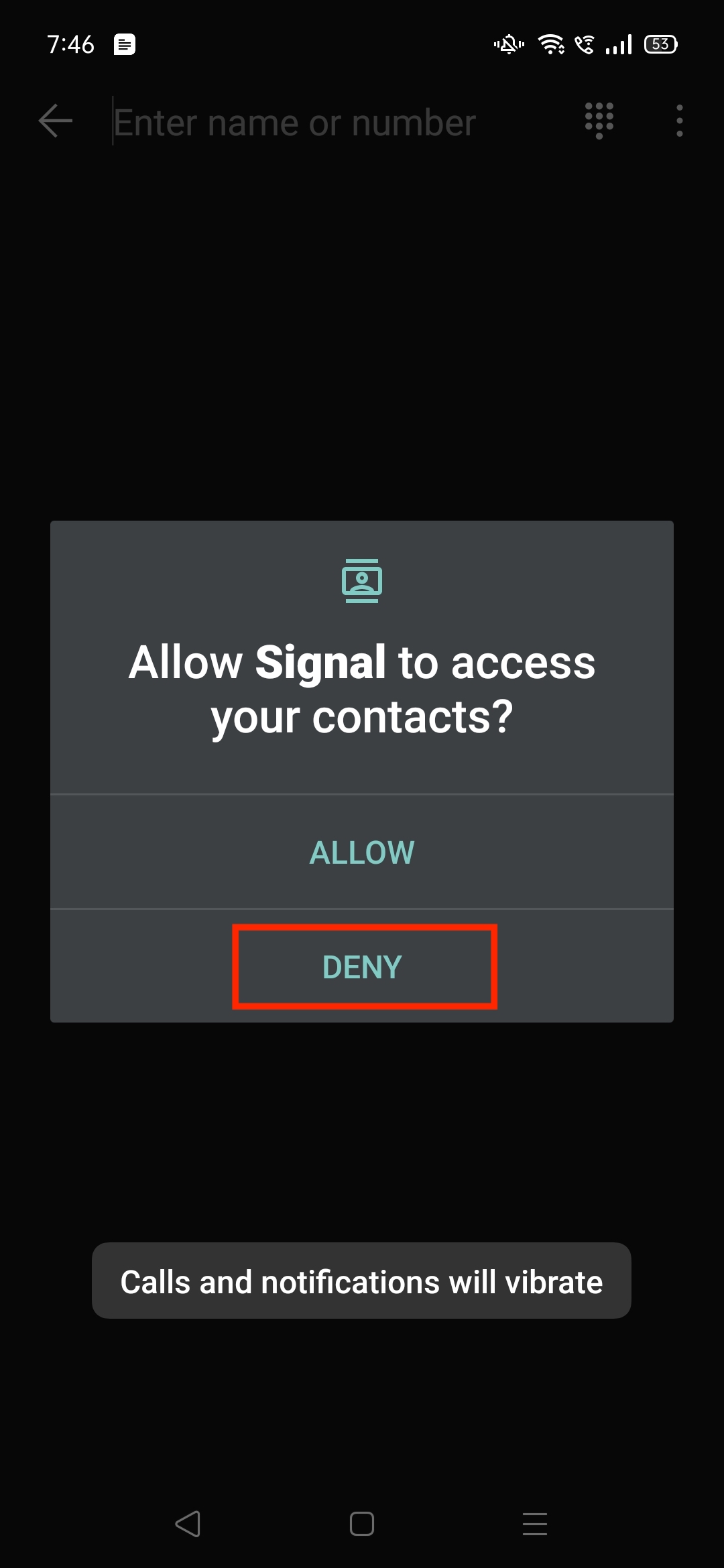Señal denegar contactos android