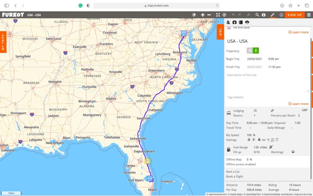 Furkot desktop version screenshot with trip drawer for route planner