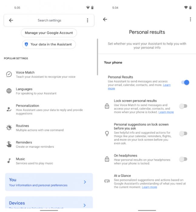 Google Assistant lock screen personal results
