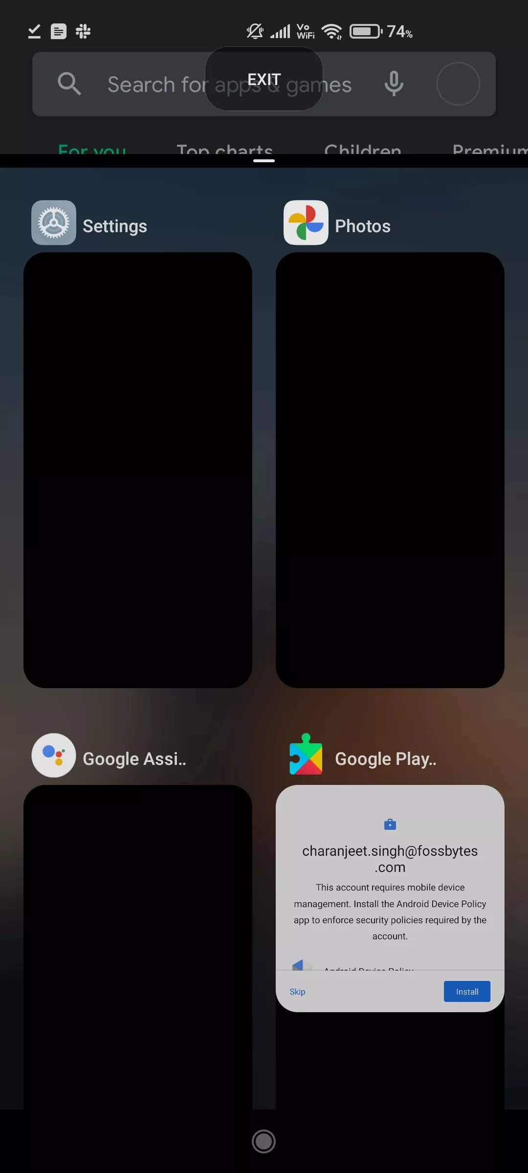 Recent app menu android split screen