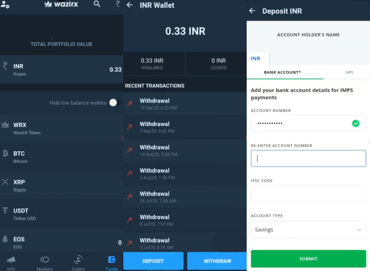 WazirX deposit process