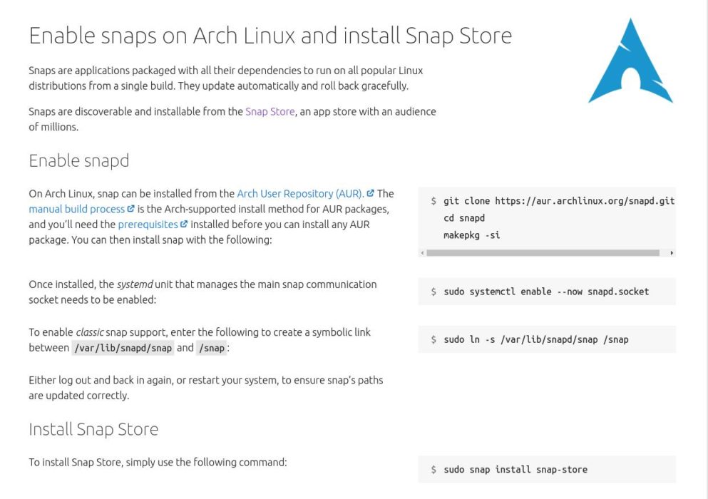 instalar snap store en Arch