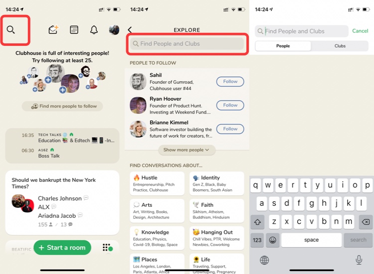 Search controls on Clubhouse
