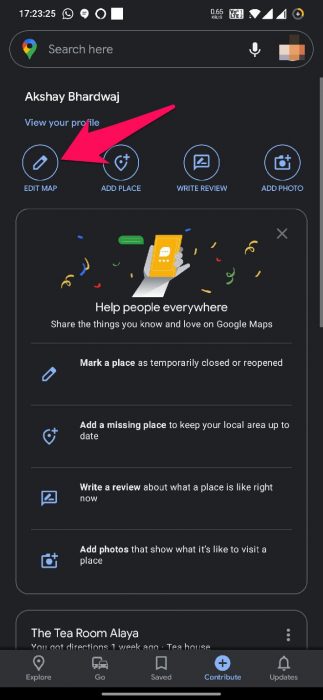 Click on edit the map in Google Map app