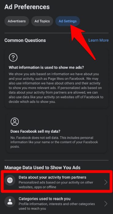 Datos sobre su actividad de socios en la configuración de anuncios