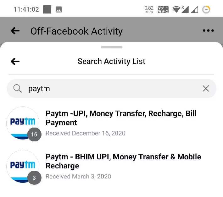 Datos compartidos desde la aplicación Paytm