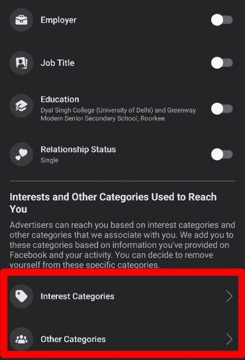 Interest categories and other categories in ad settings