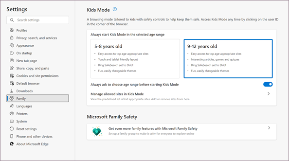 MS Edge Kids Mode Settings