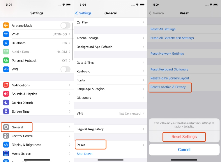 Reset privacy and locations settings iPhone
