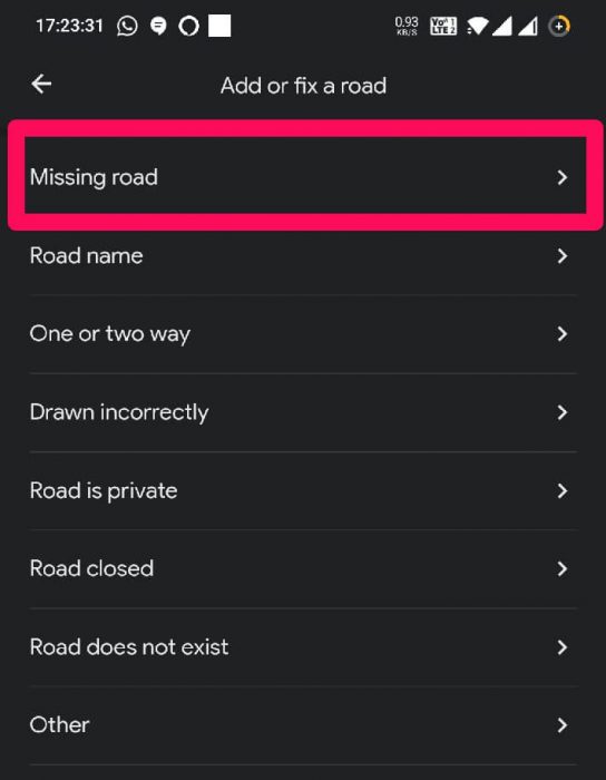 Select Missing road in Google Maps