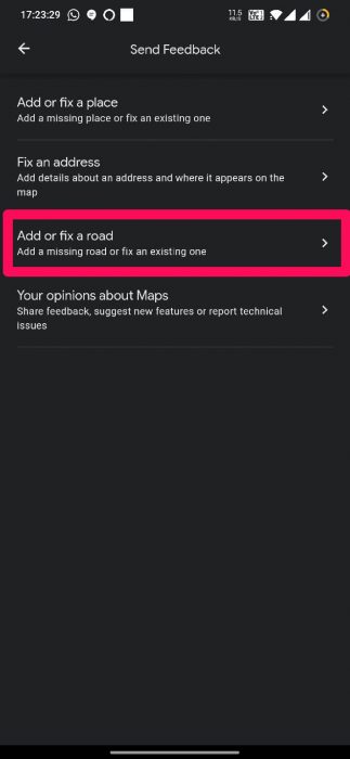 Select add or fix a road in Google Maps